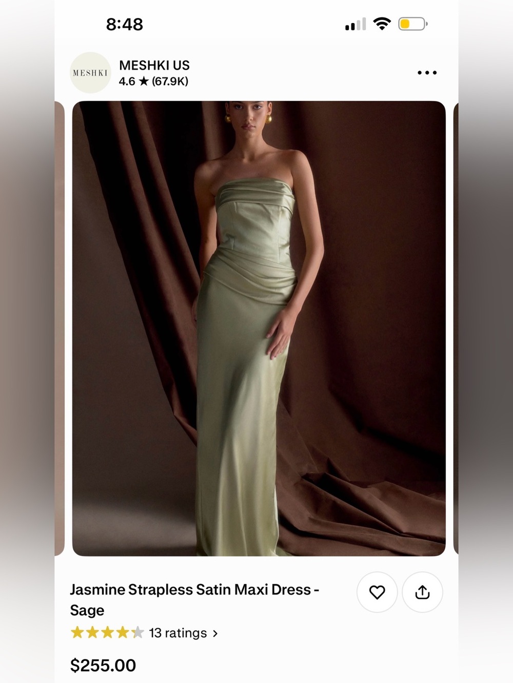 Meshki Jasmine Strapless Satin Maxi Dress - Sage